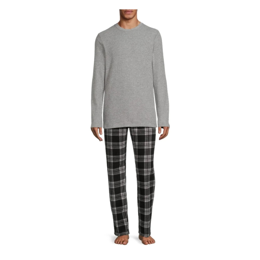 Men's Thermal Top & Comfort Fleece Pants Sleep Set Gray Pajamas